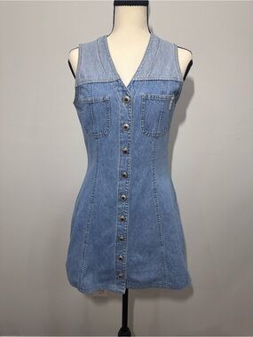 VINTAGE 90s Nevada Jeans Classic Blue Denim Button-Front Mini Dress Size 6 Small